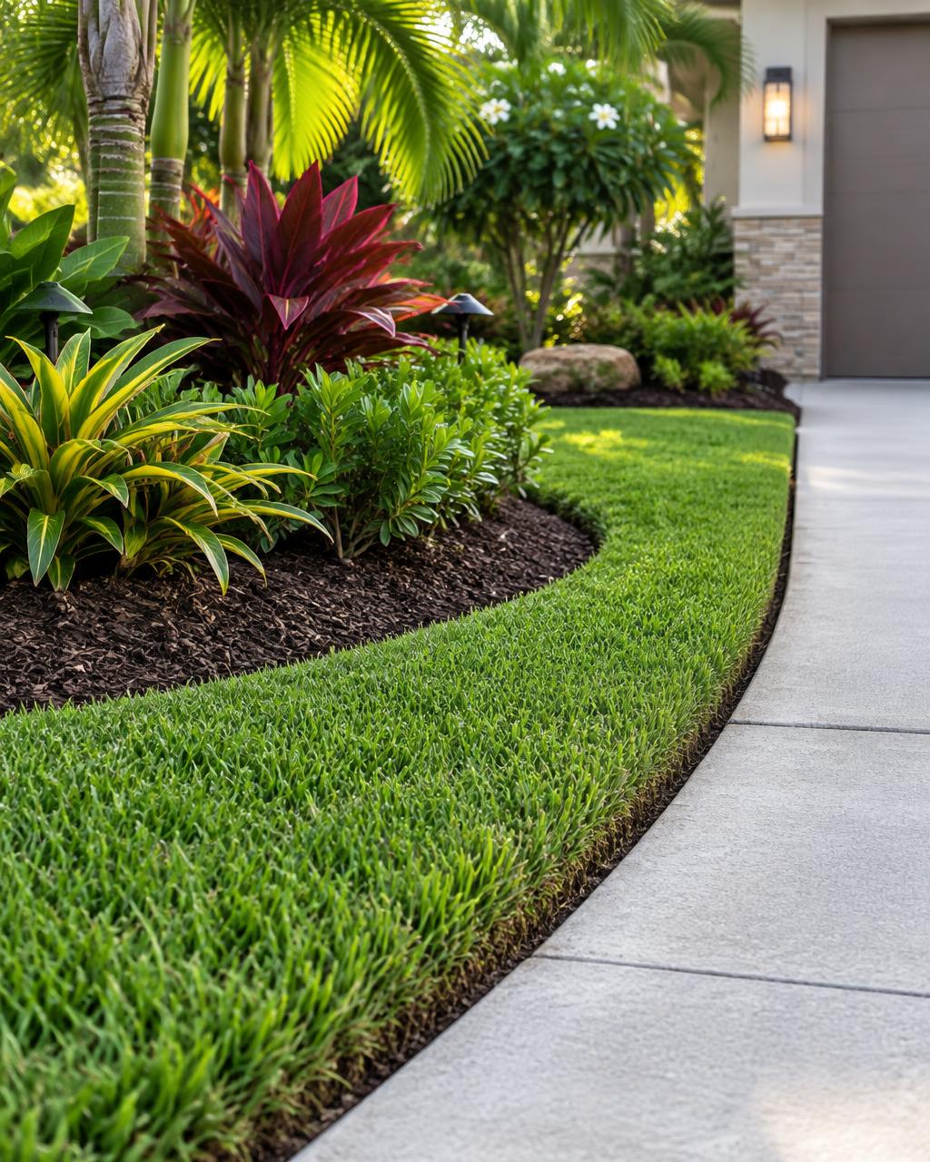 Freshly edged lawn border beside tropical planting beds